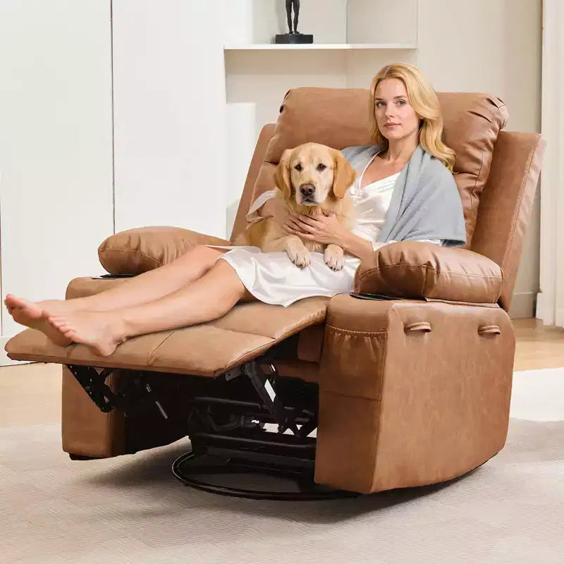 Fauteuil Inclinable à Bascule avec Massage et Chauffage, Canapé Pivotant en Cuir PU avec Porte-Gobelet et Poches pour Salon, Chambre et Chambre de Bébé