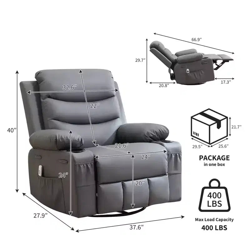 Fauteuil Inclinable à Bascule avec Massage et Chauffage, Canapé Pivotant en Cuir PU avec Porte-Gobelet et Poches pour Salon, Chambre et Chambre de Bébé