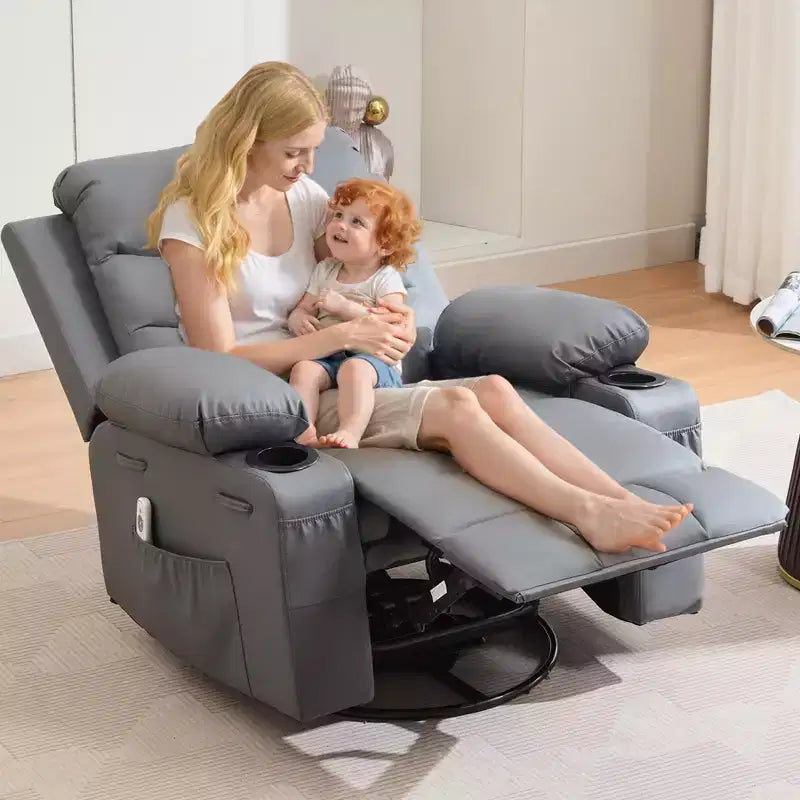 Fauteuil Inclinable à Bascule avec Massage et Chauffage, Canapé Pivotant en Cuir PU avec Porte-Gobelet et Poches pour Salon, Chambre et Chambre de Bébé