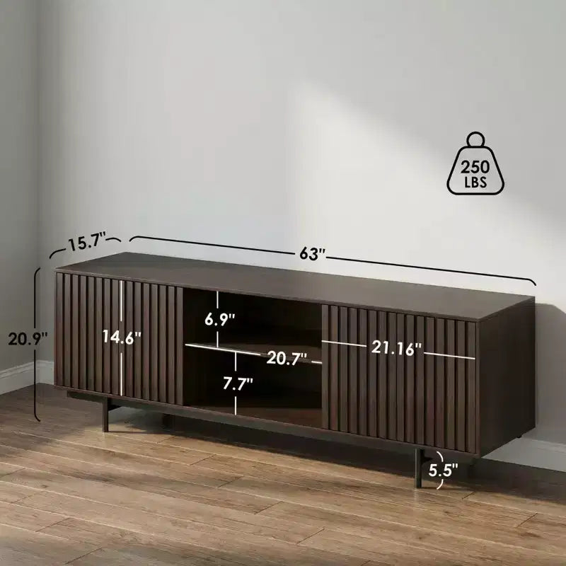 Meuble TV de ferme de 63 pouces, convient aux téléviseurs jusqu'à 75 pouces, construction en bois avec espace de rangement, étagères ouvertes et portes relevables, Noyer