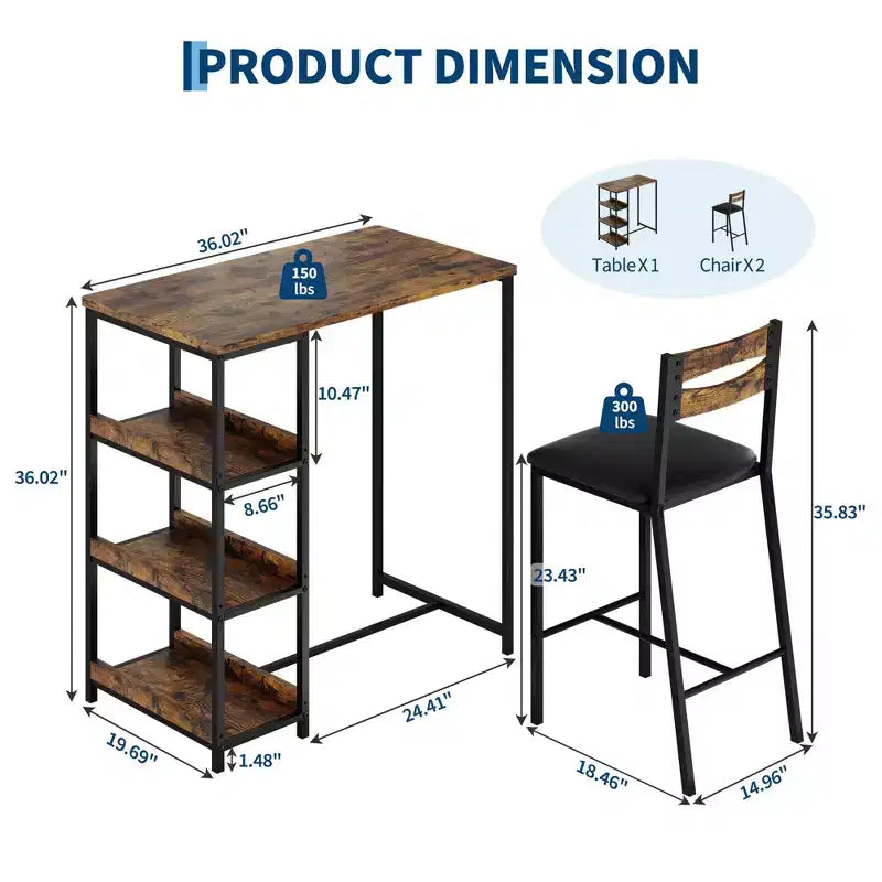 Ensemble table de cuisine avec étagères de rangement et 2 chaises rembourrées - Table à manger en fer et bois pour petits espaces, appartements, condos
