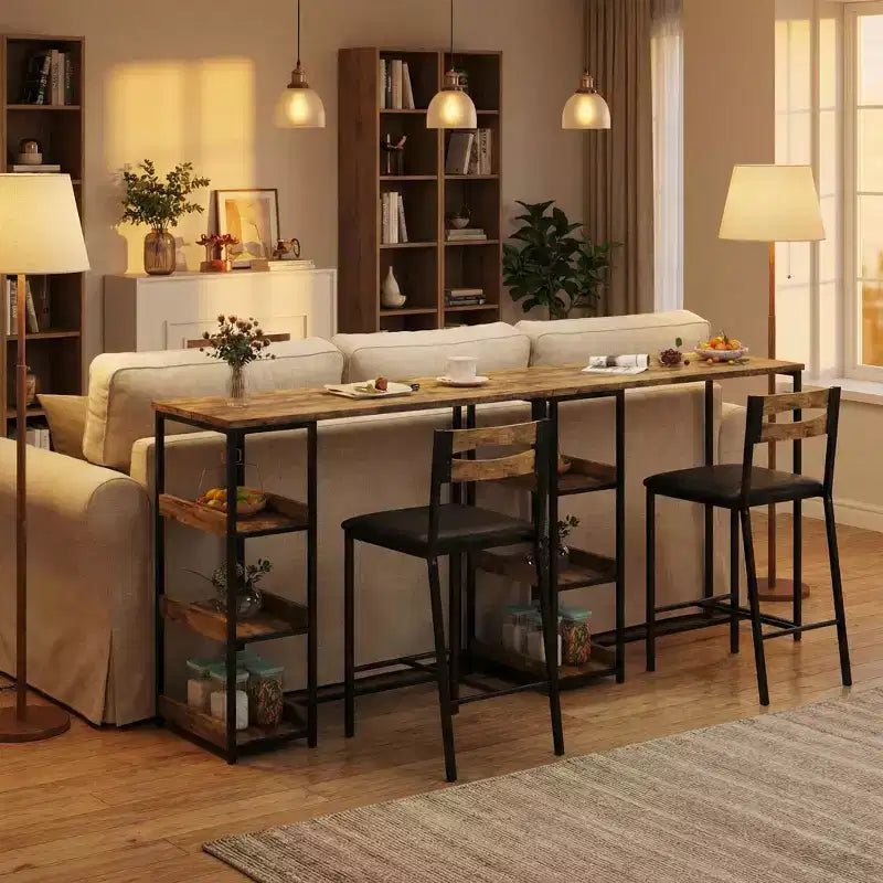 Ensemble table de cuisine avec étagères de rangement et 2 chaises rembourrées - Table à manger en fer et bois pour petits espaces, appartements, condos