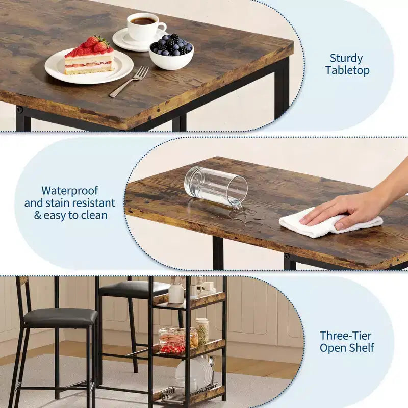 Ensemble table de cuisine avec étagères de rangement et 2 chaises rembourrées - Table à manger en fer et bois pour petits espaces, appartements, condos