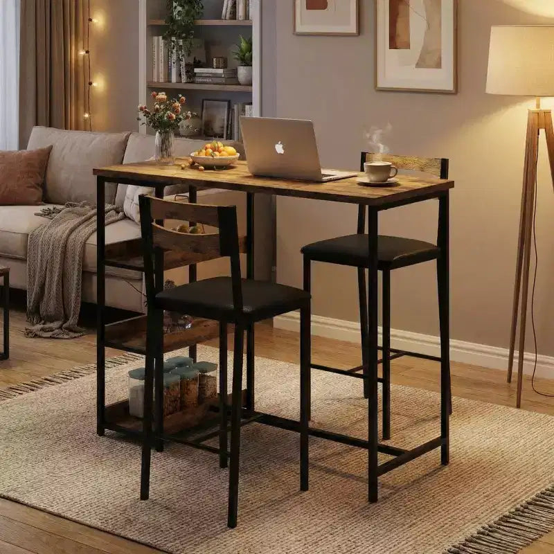 Ensemble table de cuisine avec étagères de rangement et 2 chaises rembourrées - Table à manger en fer et bois pour petits espaces, appartements, condos