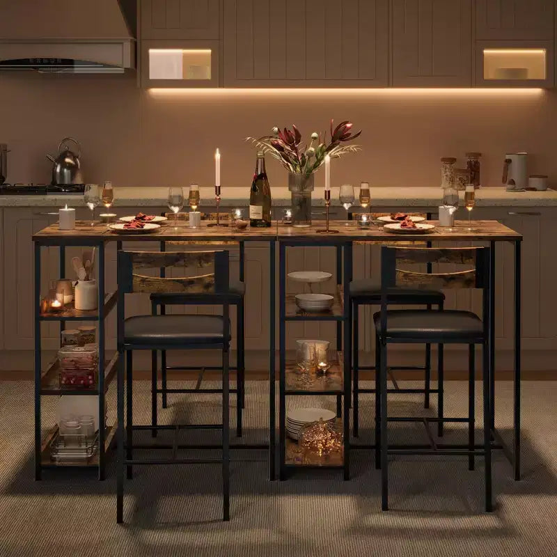 Ensemble table de cuisine avec étagères de rangement et 2 chaises rembourrées - Table à manger en fer et bois pour petits espaces, appartements, condos