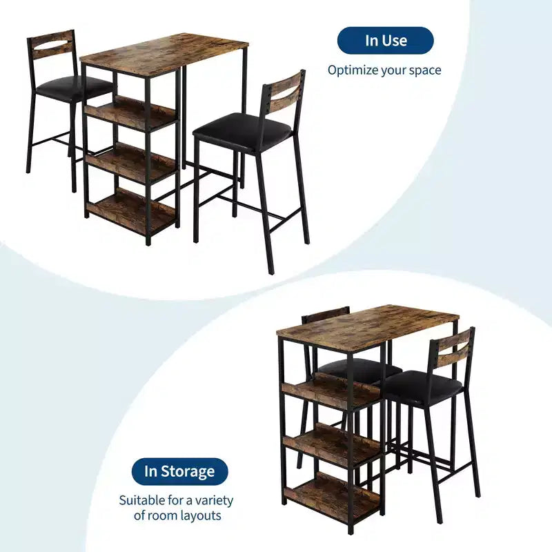 Ensemble table de cuisine avec étagères de rangement et 2 chaises rembourrées - Table à manger en fer et bois pour petits espaces, appartements, condos