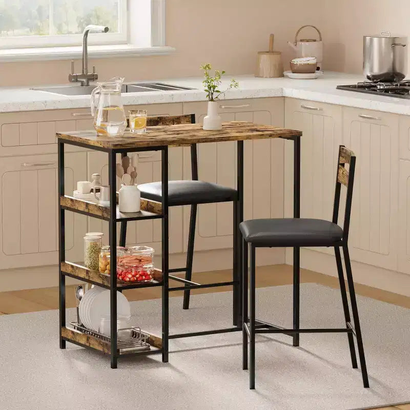 Ensemble table de cuisine avec étagères de rangement et 2 chaises rembourrées - Table à manger en fer et bois pour petits espaces, appartements, condos