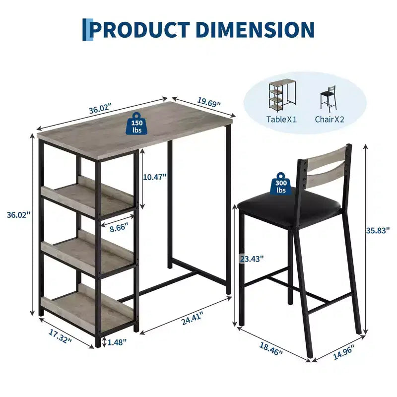 Ensemble table de cuisine avec étagères de rangement et 2 chaises rembourrées - Table à manger en fer et bois pour petits espaces, appartements, condos