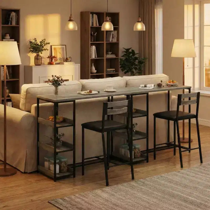 Ensemble table de cuisine avec étagères de rangement et 2 chaises rembourrées - Table à manger en fer et bois pour petits espaces, appartements, condos