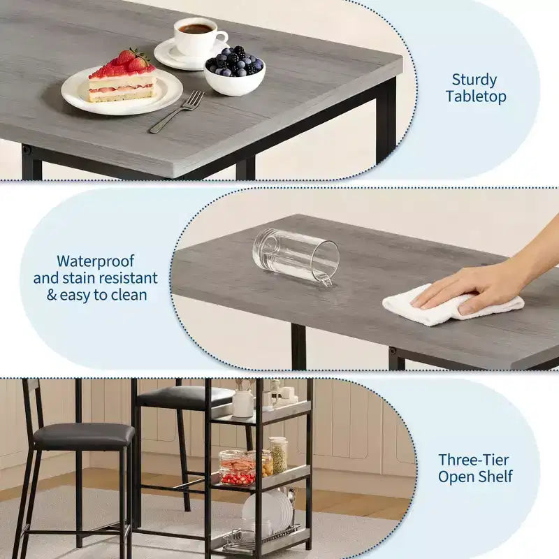 Ensemble table de cuisine avec étagères de rangement et 2 chaises rembourrées - Table à manger en fer et bois pour petits espaces, appartements, condos