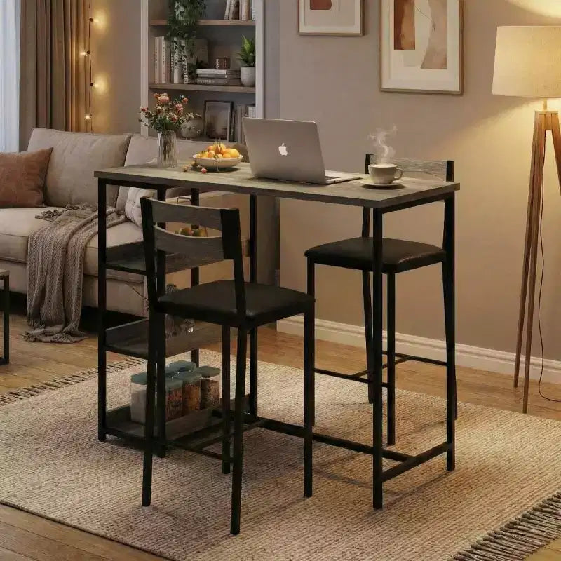 Ensemble table de cuisine avec étagères de rangement et 2 chaises rembourrées - Table à manger en fer et bois pour petits espaces, appartements, condos