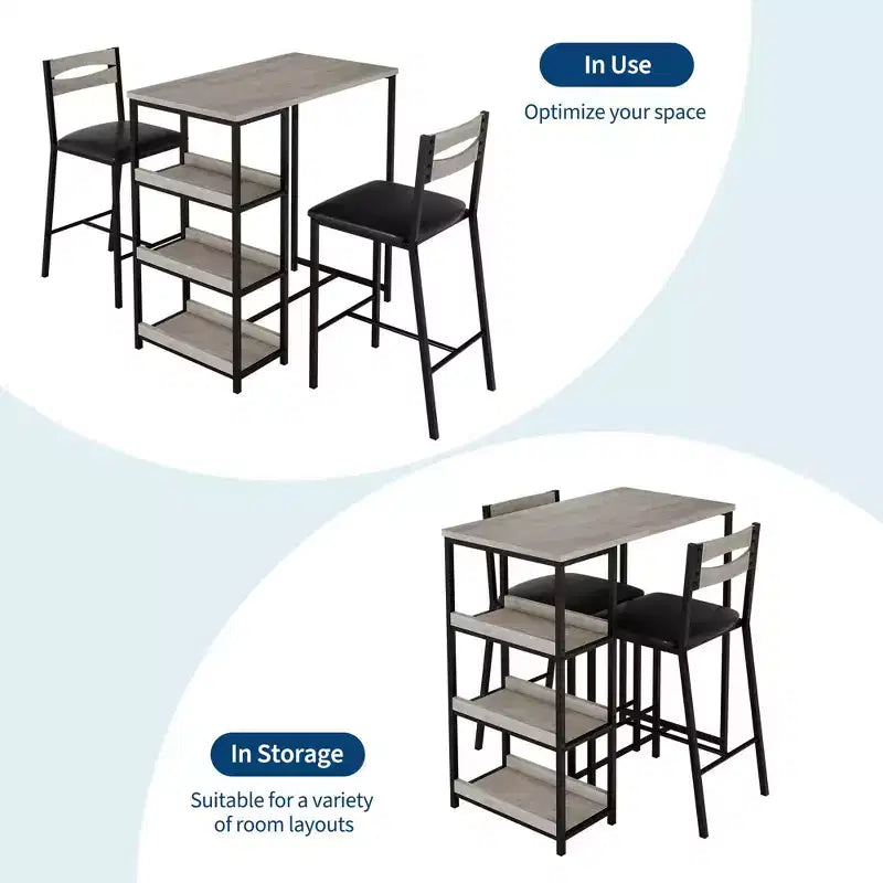 Ensemble table de cuisine avec étagères de rangement et 2 chaises rembourrées - Table à manger en fer et bois pour petits espaces, appartements, condos