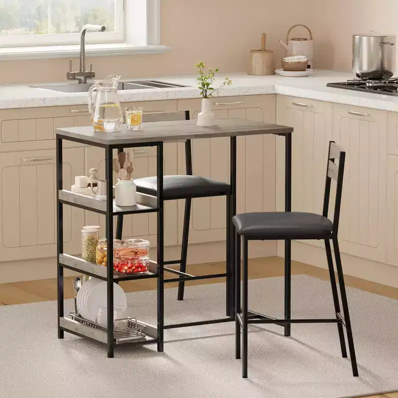 Ensemble table de cuisine avec étagères de rangement et 2 chaises rembourrées - Table à manger en fer et bois pour petits espaces, appartements, condos