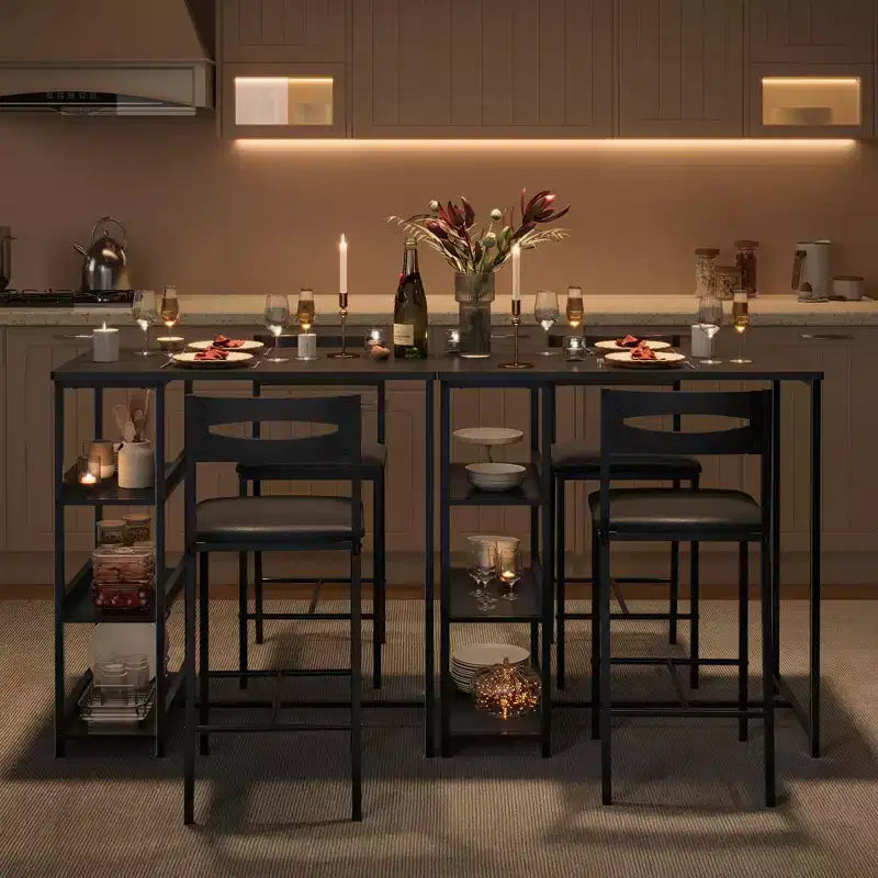 Ensemble table de cuisine avec étagères de rangement et 2 chaises rembourrées - Table à manger en fer et bois pour petits espaces, appartements, condos