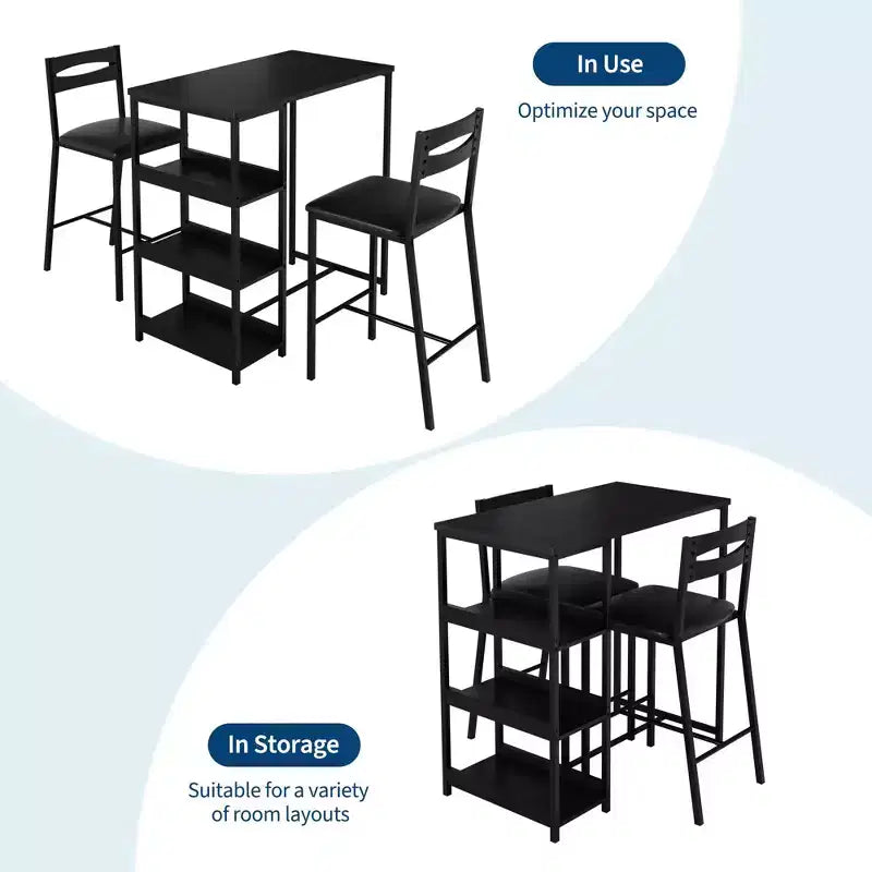 Ensemble table de cuisine avec étagères de rangement et 2 chaises rembourrées - Table à manger en fer et bois pour petits espaces, appartements, condos