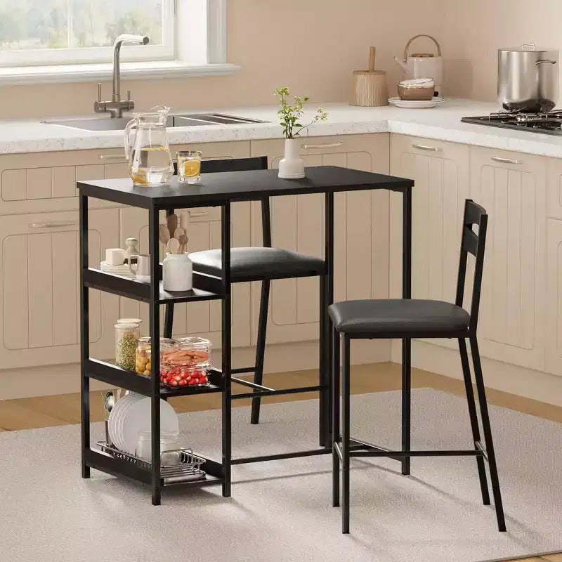 Ensemble table de cuisine avec étagères de rangement et 2 chaises rembourrées - Table à manger en fer et bois pour petits espaces, appartements, condos