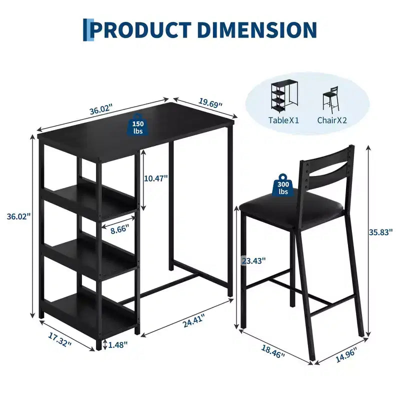 Ensemble table de cuisine avec étagères de rangement et 2 chaises rembourrées - Table à manger en fer et bois pour petits espaces, appartements, condos