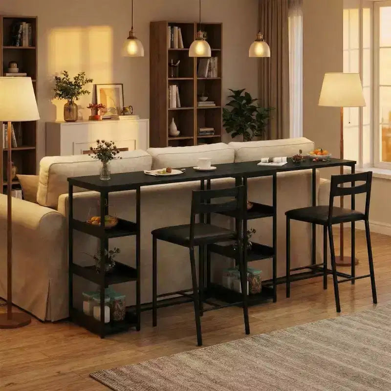 Ensemble table de cuisine avec étagères de rangement et 2 chaises rembourrées - Table à manger en fer et bois pour petits espaces, appartements, condos
