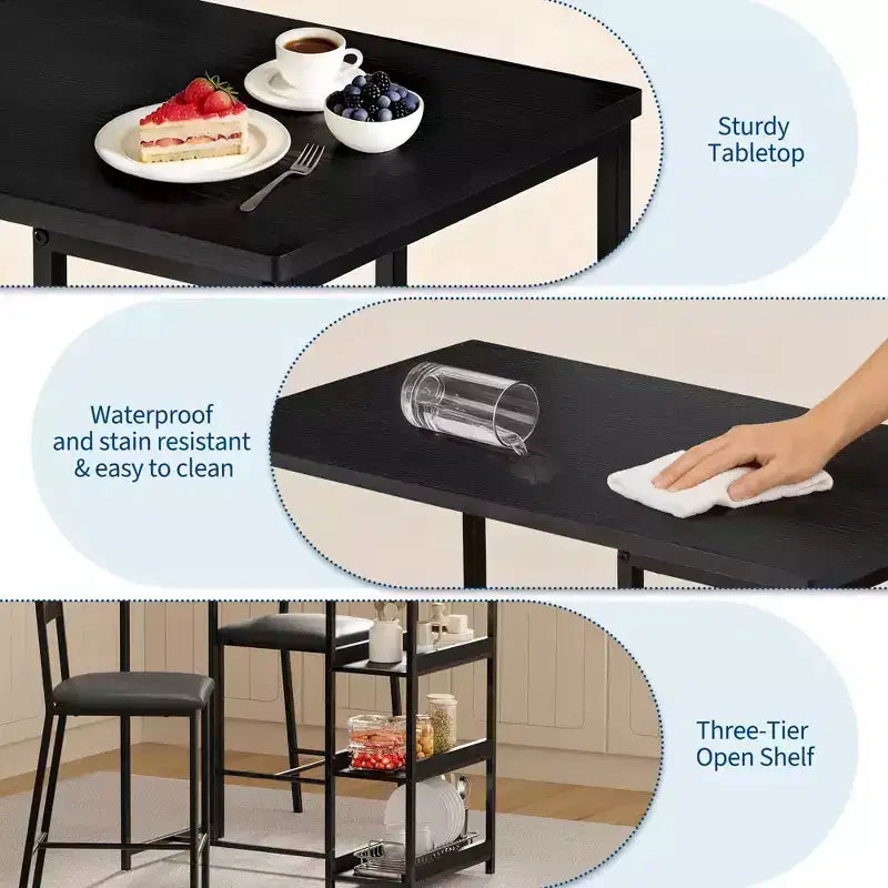 Ensemble table de cuisine avec étagères de rangement et 2 chaises rembourrées - Table à manger en fer et bois pour petits espaces, appartements, condos