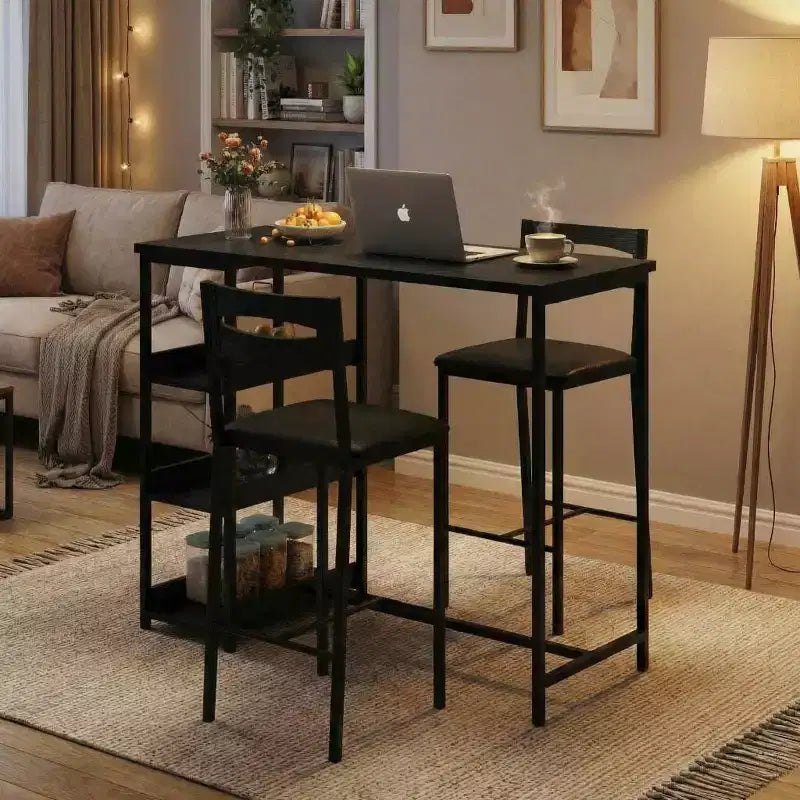 Ensemble table de cuisine avec étagères de rangement et 2 chaises rembourrées - Table à manger en fer et bois pour petits espaces, appartements, condos