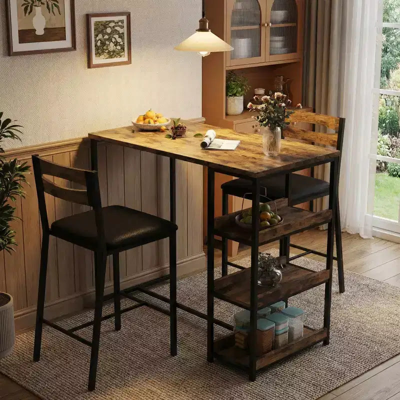 Ensemble table de cuisine avec étagères de rangement et 2 chaises rembourrées - Table à manger en fer et bois pour petits espaces, appartements, condos