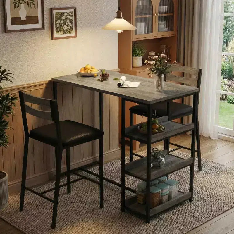 Ensemble table de cuisine avec étagères de rangement et 2 chaises rembourrées - Table à manger en fer et bois pour petits espaces, appartements, condos
