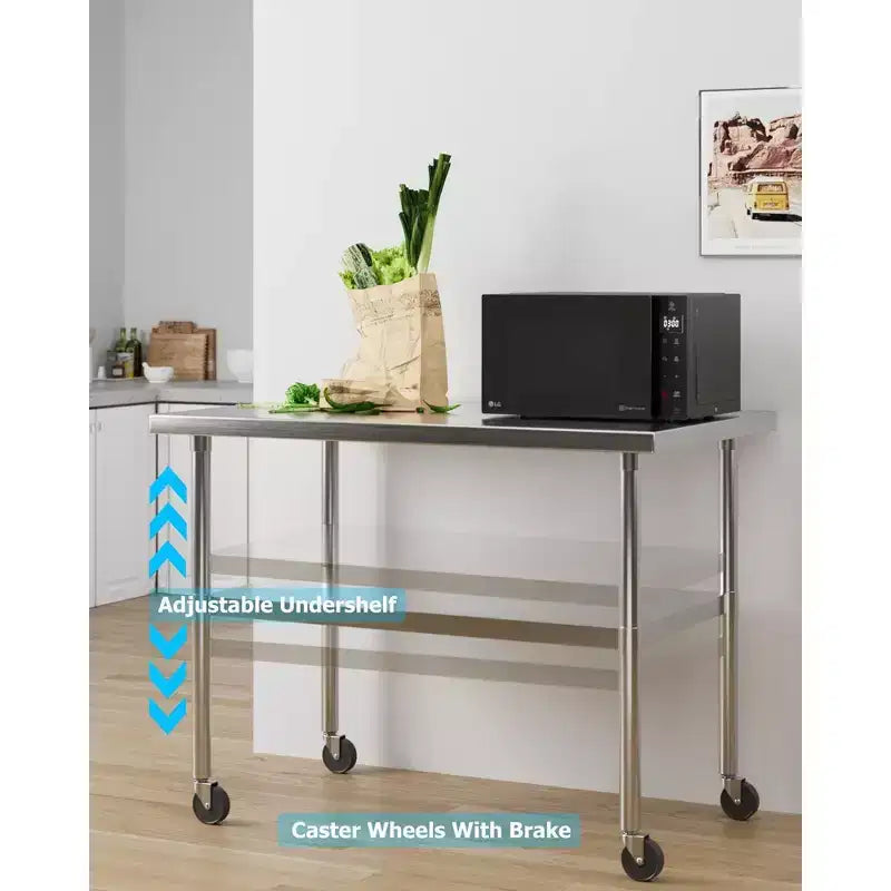 Table de préparation et de travail robuste en acier inoxydable, table commerciale certifiée NSF avec étagère inférieure réglable pour cuisine, restaurant, maison, garage.