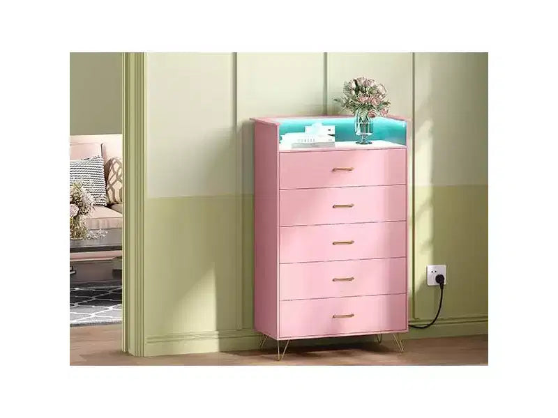 Commode 5 tiroirs avec station de recharge et lumières LED, commode haute en bois pour chambre, salon, couloir, armoire de rangement étroite peu encombrante