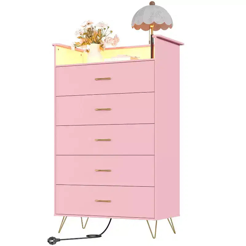 Commode 5 tiroirs avec station de recharge et lumières LED, commode haute en bois pour chambre, salon, couloir, armoire de rangement étroite peu encombrante