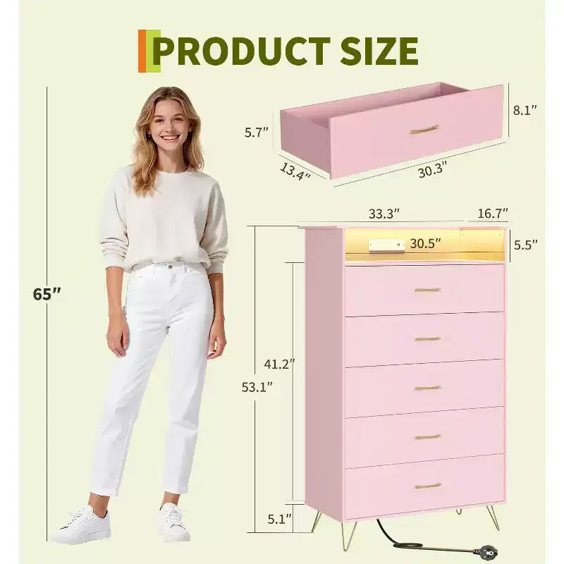 Commode 5 tiroirs avec station de recharge et lumières LED, commode haute en bois pour chambre, salon, couloir, armoire de rangement étroite peu encombrante