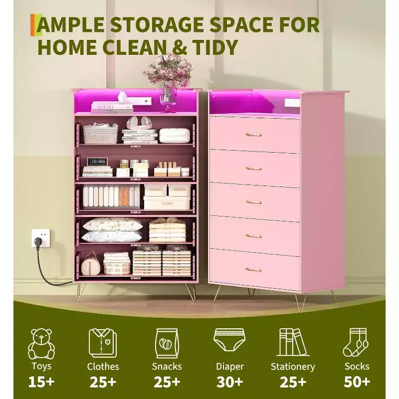 Commode 5 tiroirs avec station de recharge et lumières LED, commode haute en bois pour chambre, salon, couloir, armoire de rangement étroite peu encombrante