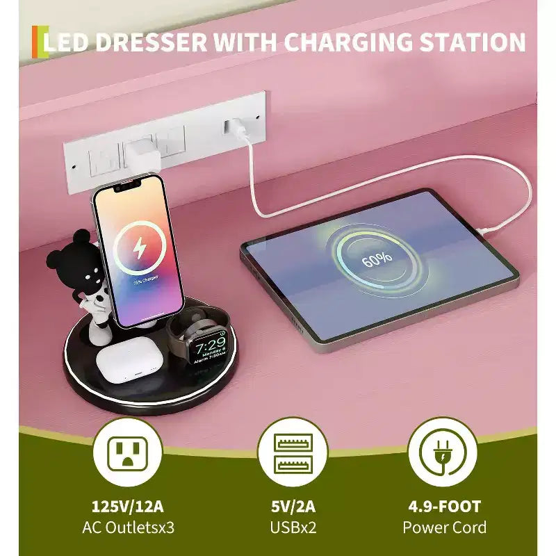 Commode 5 tiroirs avec station de recharge et lumières LED, commode haute en bois pour chambre, salon, couloir, armoire de rangement étroite peu encombrante