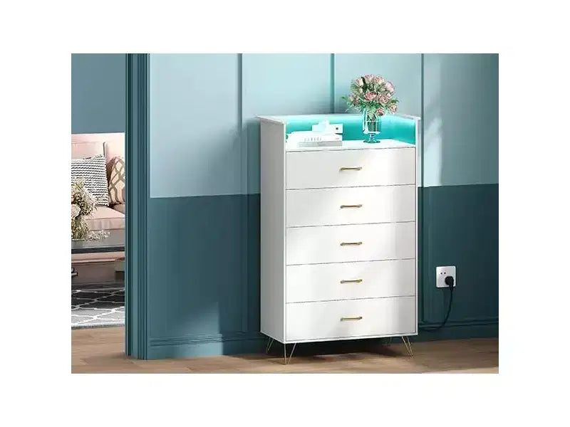 Commode 5 tiroirs avec station de recharge et lumières LED, commode haute en bois pour chambre, salon, couloir, armoire de rangement étroite peu encombrante