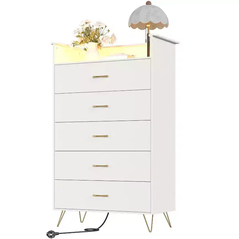 Commode 5 tiroirs avec station de recharge et lumières LED, commode haute en bois pour chambre, salon, couloir, armoire de rangement étroite peu encombrante