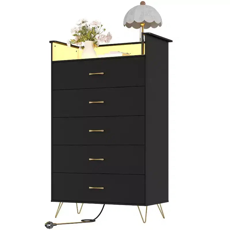 Commode 5 tiroirs avec station de recharge et lumières LED, commode haute en bois pour chambre, salon, couloir, armoire de rangement étroite peu encombrante