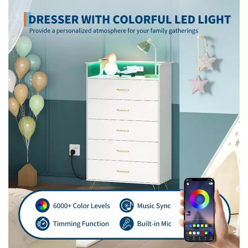Commode 5 tiroirs avec station de recharge et lumières LED, commode haute en bois pour chambre, salon, couloir, armoire de rangement étroite peu encombrante