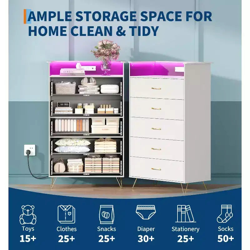 Commode 5 tiroirs avec station de recharge et lumières LED, commode haute en bois pour chambre, salon, couloir, armoire de rangement étroite peu encombrante