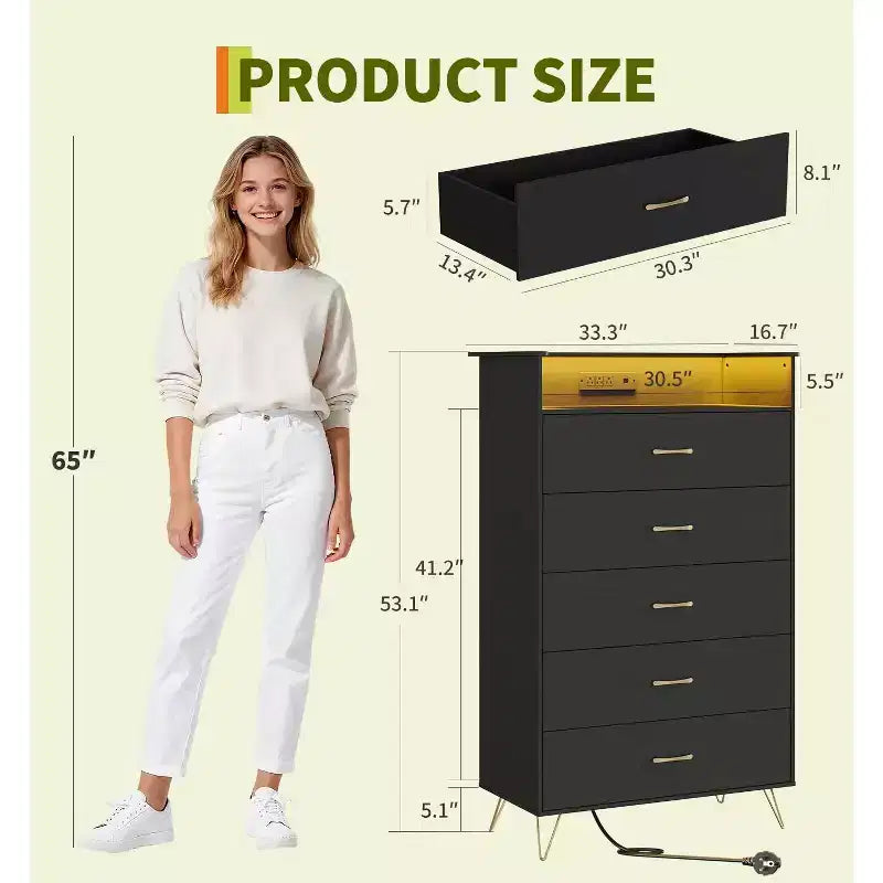 Commode 5 tiroirs avec station de recharge et lumières LED, commode haute en bois pour chambre, salon, couloir, armoire de rangement étroite peu encombrante