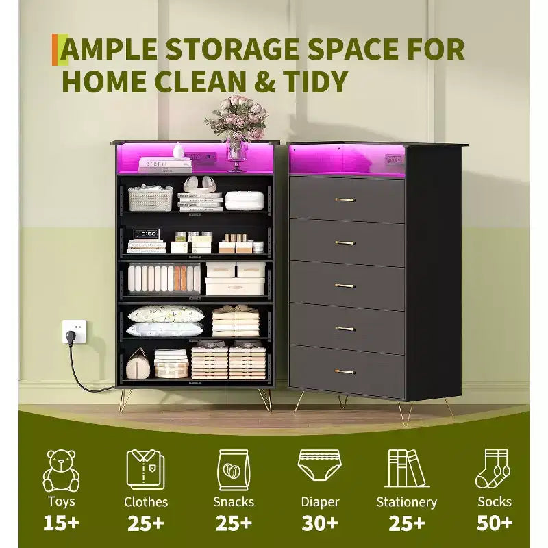 Commode 5 tiroirs avec station de recharge et lumières LED, commode haute en bois pour chambre, salon, couloir, armoire de rangement étroite peu encombrante