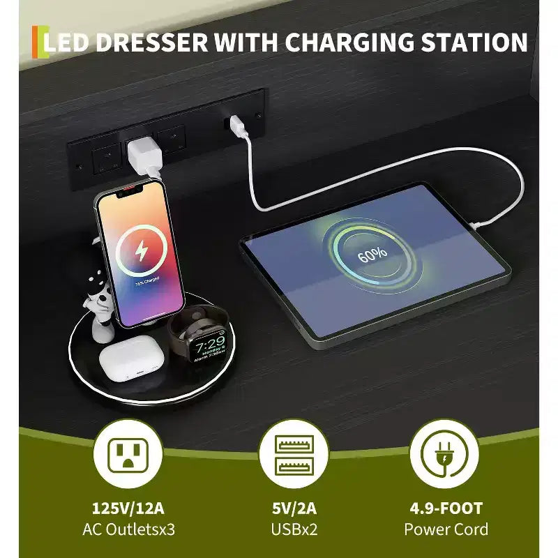 Commode 5 tiroirs avec station de recharge et lumières LED, commode haute en bois pour chambre, salon, couloir, armoire de rangement étroite peu encombrante