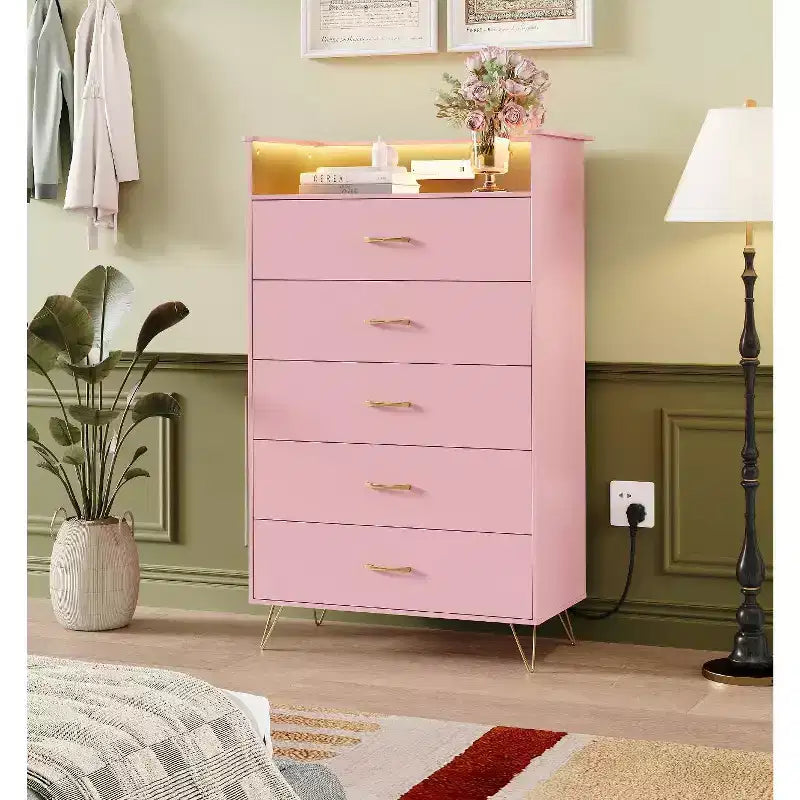 Commode 5 tiroirs avec station de recharge et lumières LED, commode haute en bois pour chambre, salon, couloir, armoire de rangement étroite peu encombrante