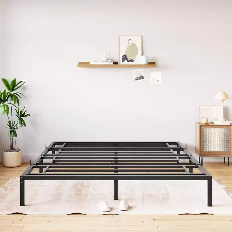 Cadre de lit double en métal robuste avec lattes en fer, capacité de 360 kg, pas besoin de sommier, rangement sous le lit