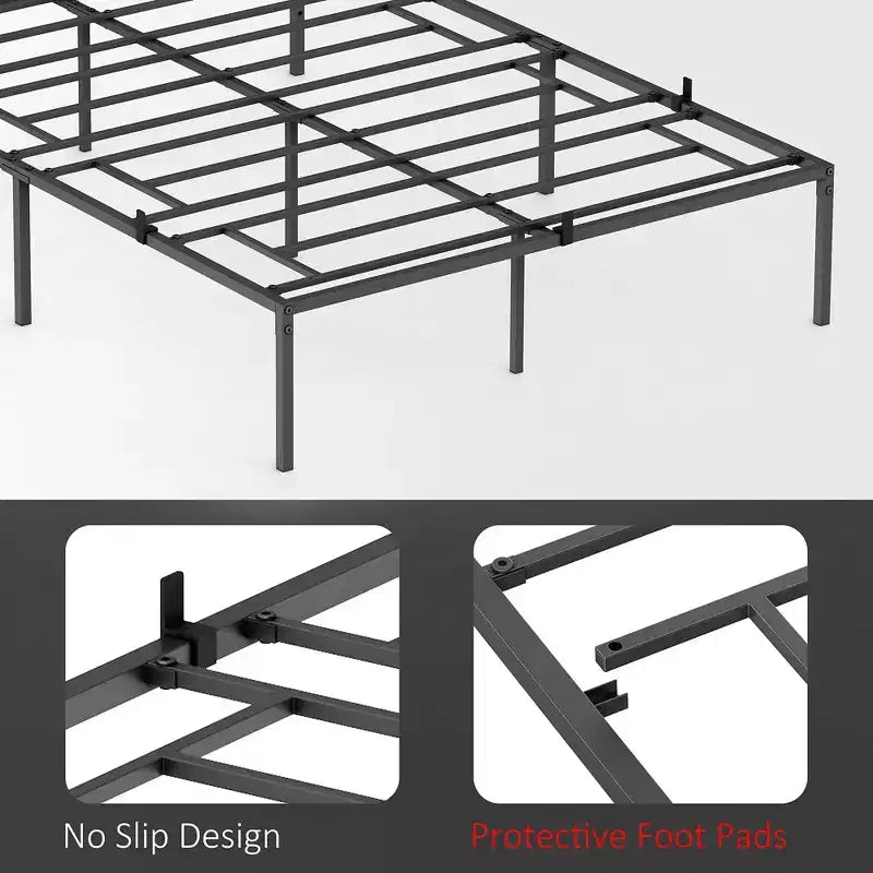 Cadre de lit double en métal robuste avec lattes en fer, capacité de 360 kg, pas besoin de sommier, rangement sous le lit