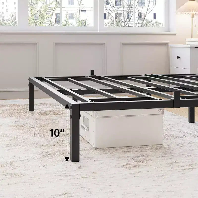 Cadre de lit double en métal robuste avec lattes en fer, capacité de 360 kg, pas besoin de sommier, rangement sous le lit