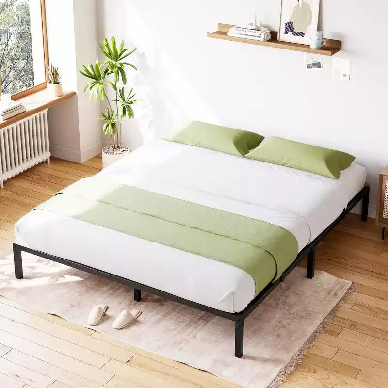 Cadre de lit double en métal robuste avec lattes en fer, capacité de 360 kg, pas besoin de sommier, rangement sous le lit