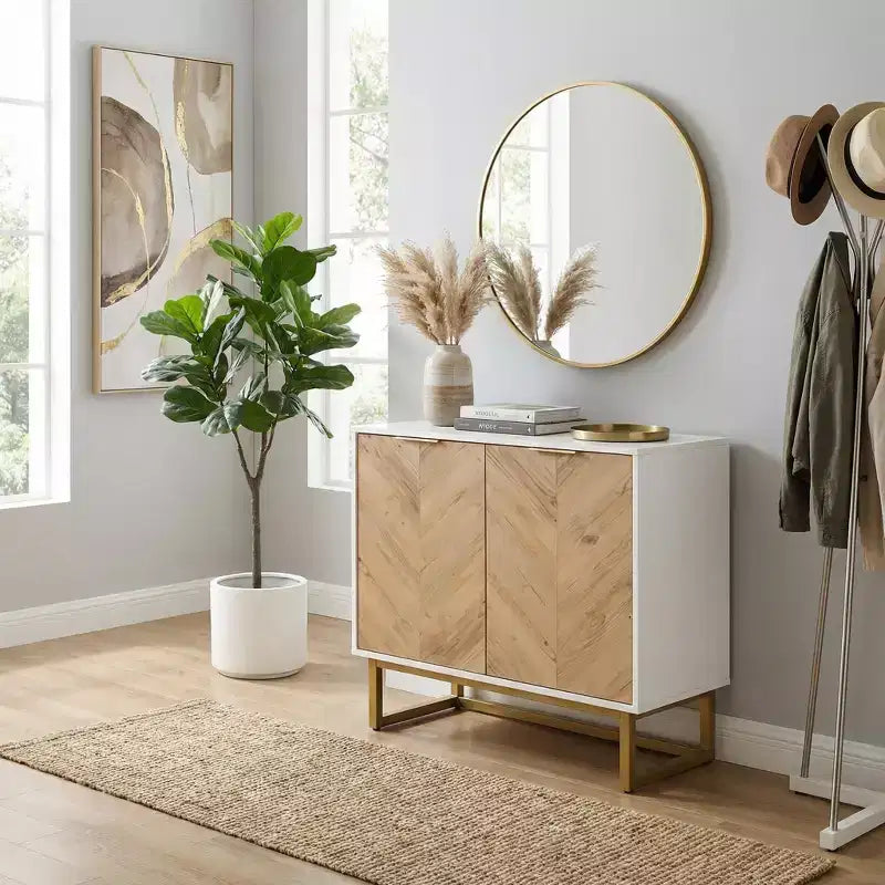 Buffet moderne avec portes à chevrons, console de rangement à 2 portes avec base en métal, meuble de rangement d'appoint pour salle à manger, salon, entrée