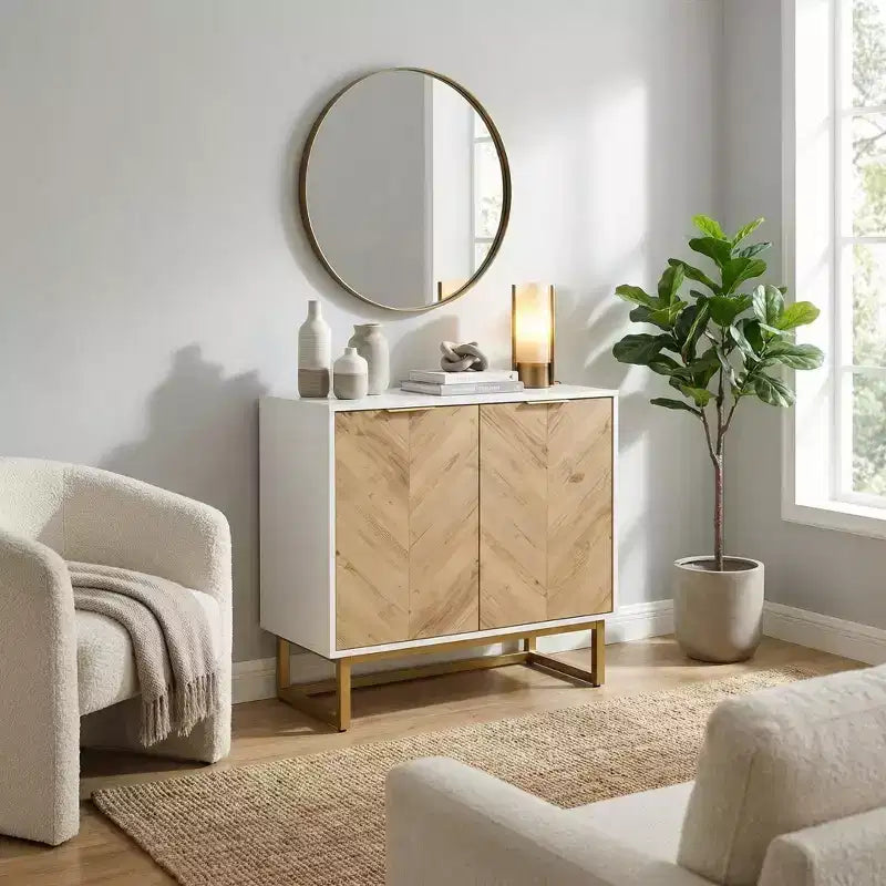 Buffet moderne avec portes à chevrons, console de rangement à 2 portes avec base en métal, meuble de rangement d'appoint pour salle à manger, salon, entrée