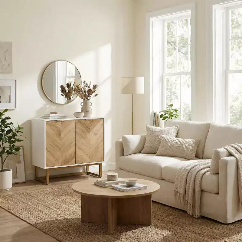 Buffet moderne avec portes à chevrons, console de rangement à 2 portes avec base en métal, meuble de rangement d'appoint pour salle à manger, salon, entrée