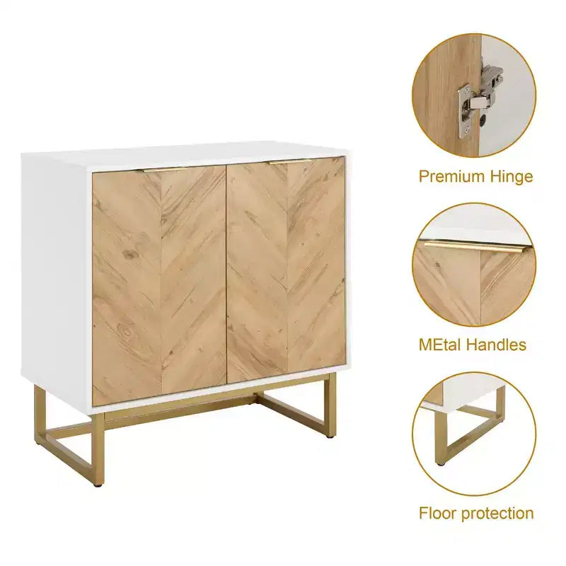 Buffet moderne avec portes à chevrons, console de rangement à 2 portes avec base en métal, meuble de rangement d'appoint pour salle à manger, salon, entrée