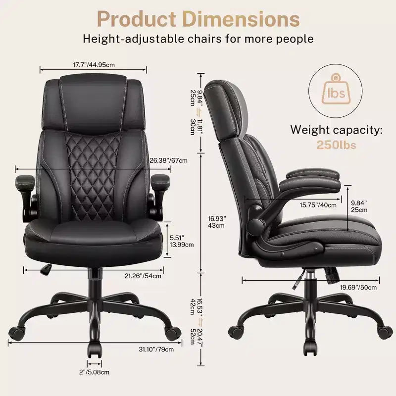 Fauteuil de bureau de direction en cuir, Fauteuil de bureau ergonomique haut dossier avec soutien lombaire et accoudoirs rembourrés